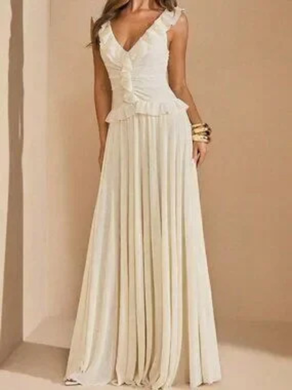 ZARA Apricot Sexy Women's Plain Sleeveless V Neck Flared A Line Maxi Dress - Picture 2 of 7